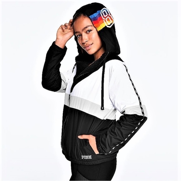 Victoria's Secret PINK Sherpa Lined Full Zip Anorak Hoodie Jacket Rainbow Logo - Picture 1 of 15